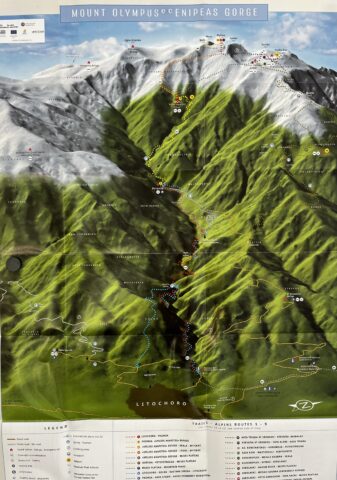 Map of Mount Olympus hiking trails showing the Enipeas Gorge route from Litochoro to Prionia