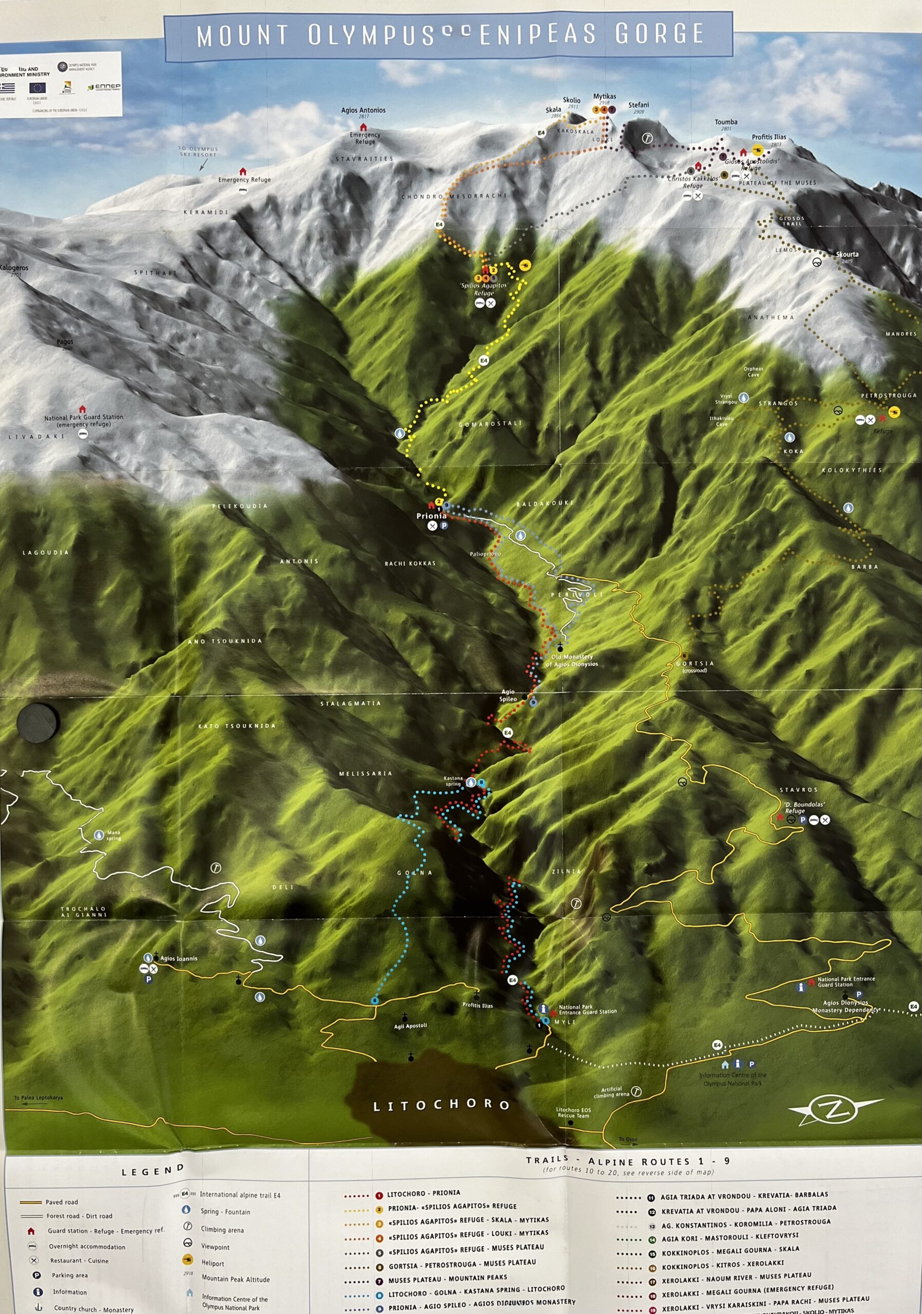 Map of Mount Olympus hiking trails showing the Enipeas Gorge route from Litochoro to Prionia