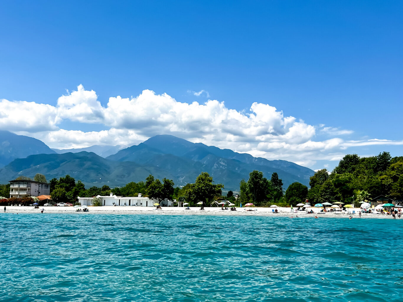 Beach on the Olympus Coast with Mount Olympus mountains in the background near Litochoro, Greece