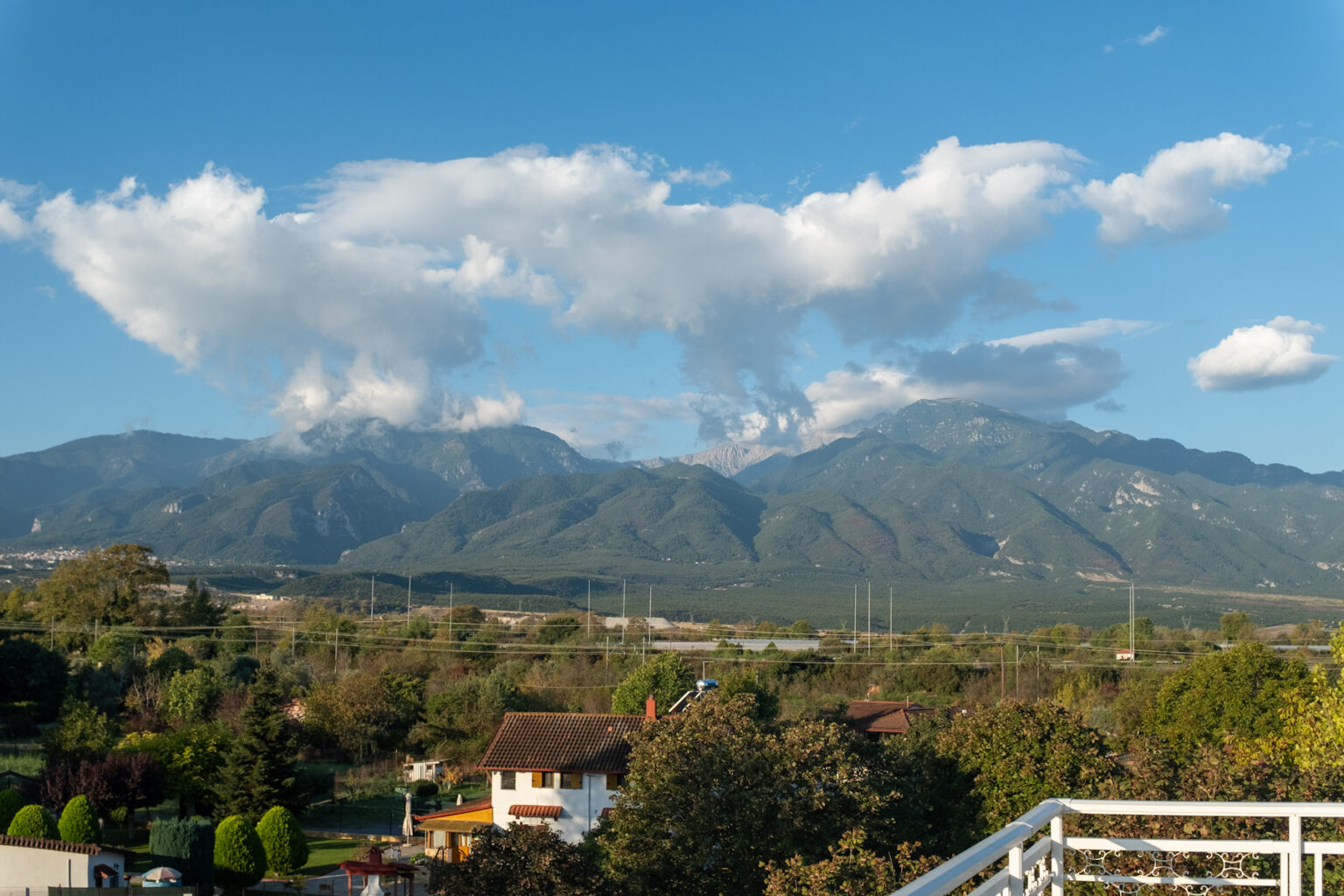 Panoramic view of Mount Olympus from the balcony of Room 31 at Prado Apartment Hotel.