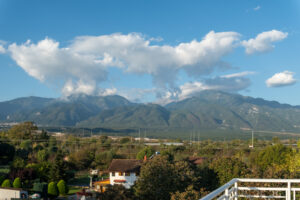 Panoramic view of Mount Olympus from the balcony of Room 31 at Prado Apartment Hotel.