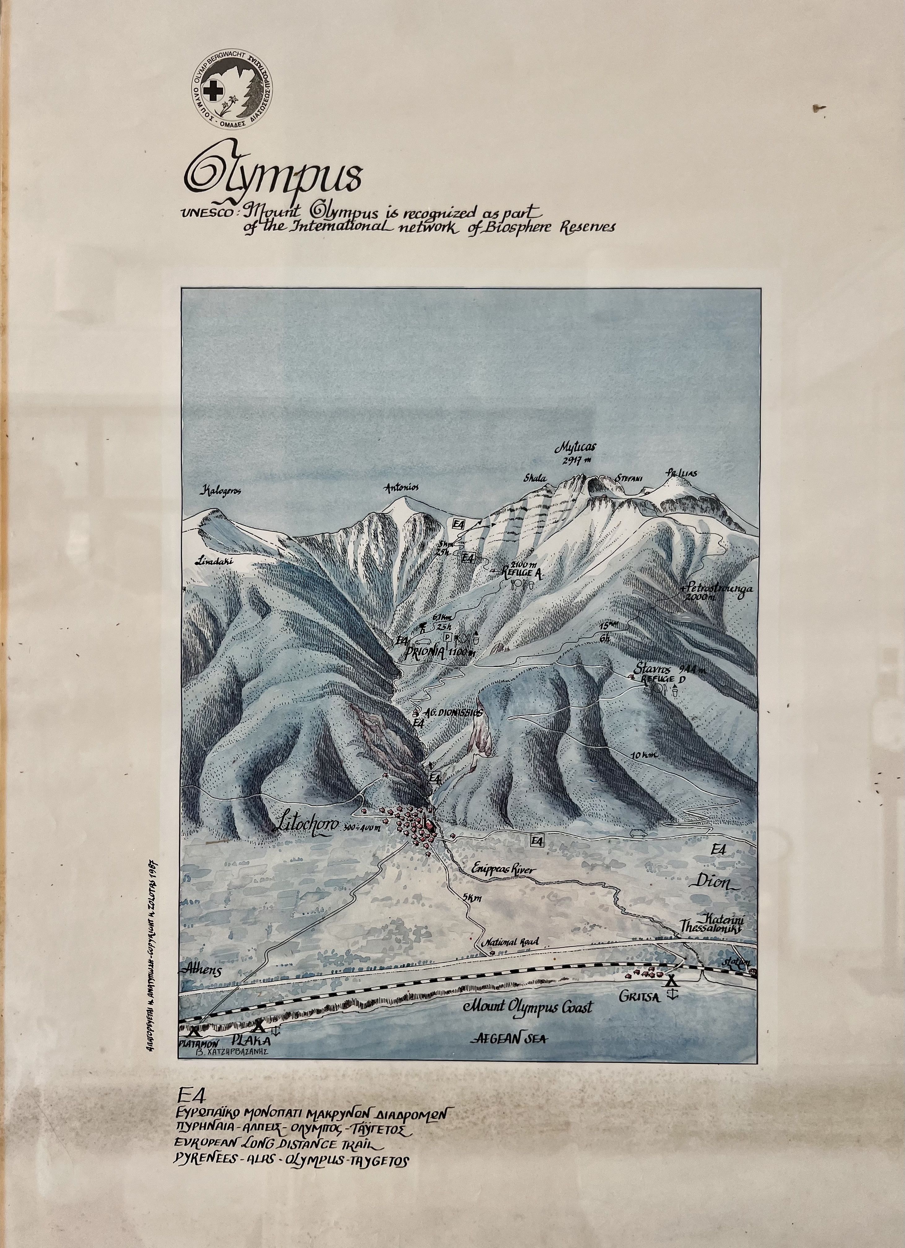 Map of Mount Olympus showing Litochoro, Prionia trailhead, Enipeas Gorge and the Olympus Riviera coast in Greece