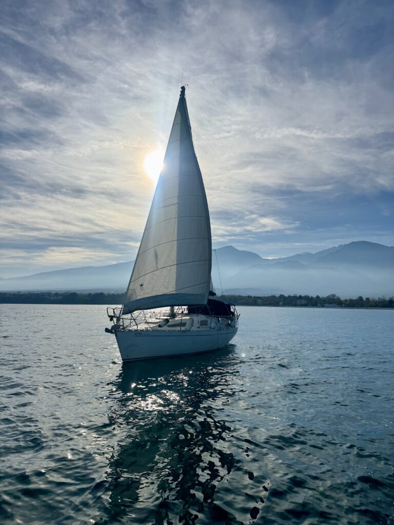 Aegean Sea sailing near Litochoro with Mount Olympus view Greece travel
