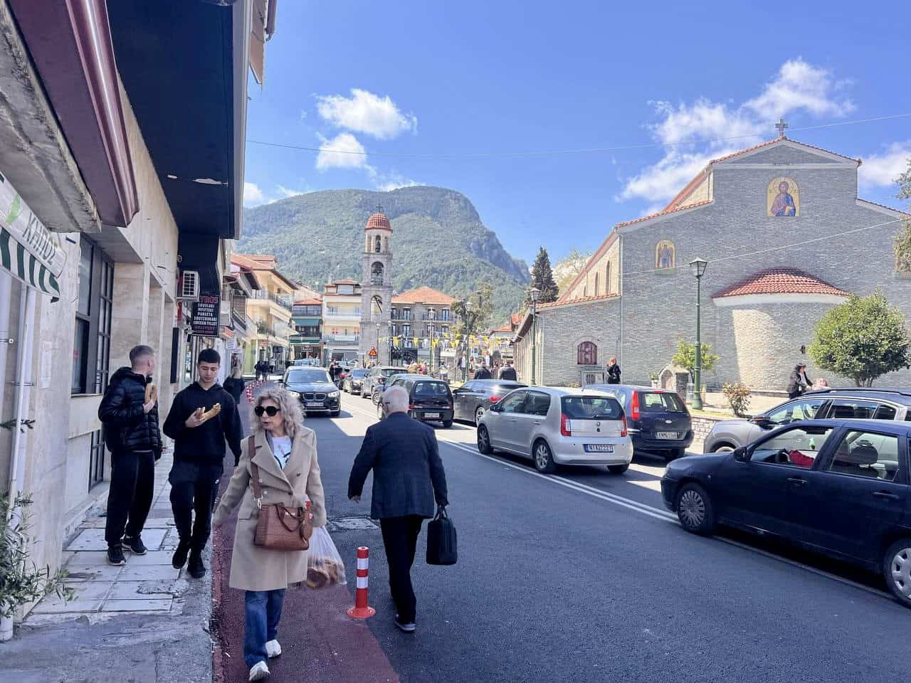 Litochoro town centre in summer with Mount Olympus view