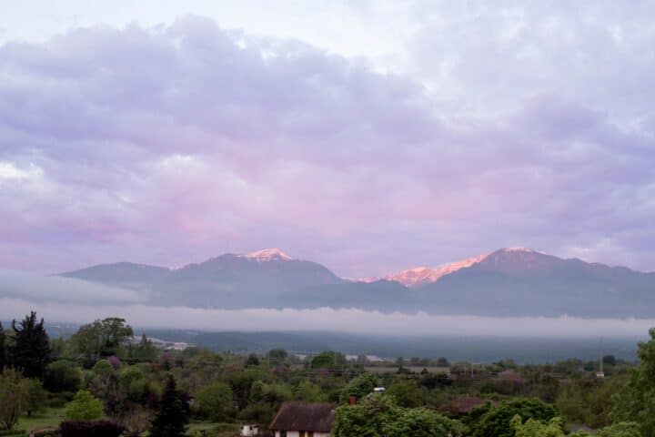 Olympus Riviera in May — pink sunrise over snow-capped Mount Olympus with spring blossoms in the foreground
